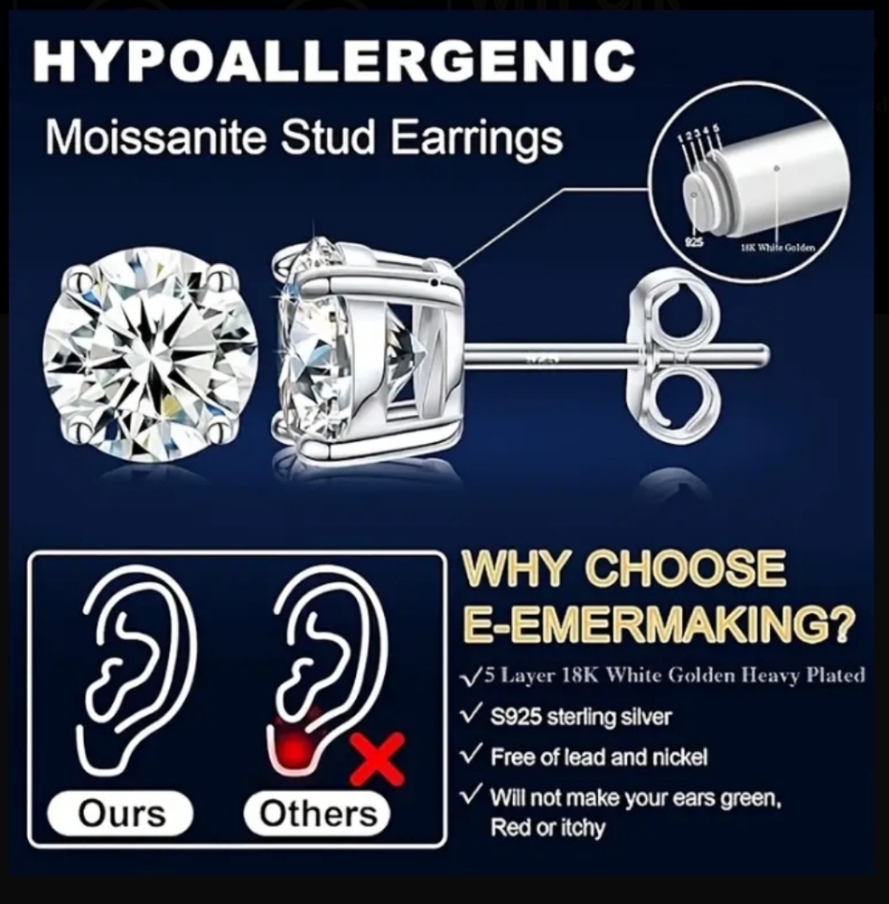 Genuine .925 Solid Italian Sterling Silver Stud Moissanite Diamond Earrings NEW